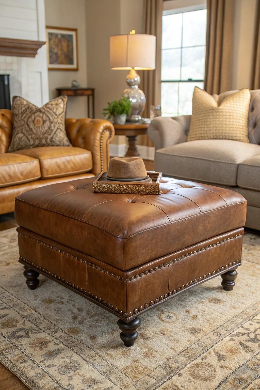 A classic leather ottoman adds warmth and sophistication to a living room.