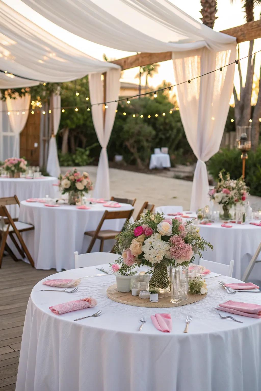 Elegant table settings that blend simplicity and beauty for an outdoor baptism.