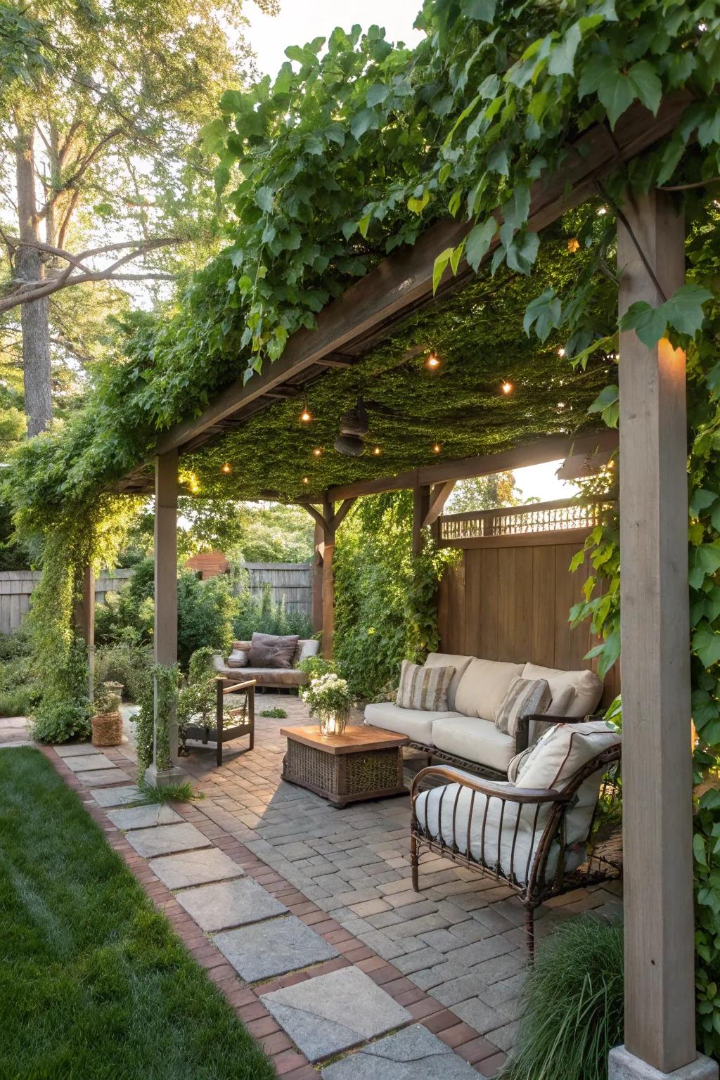 A pergola adorned with lush greenery creates a serene garden retreat.