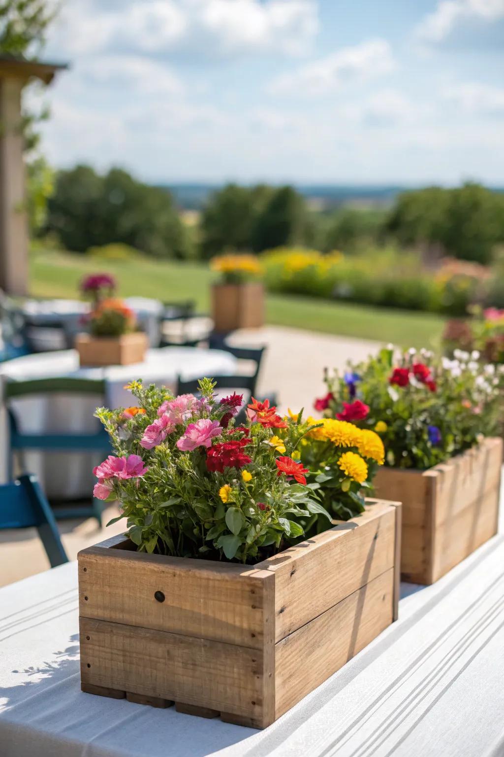 Wooden planter boxes brimming with seasonal blooms bring rustic charm to any table.