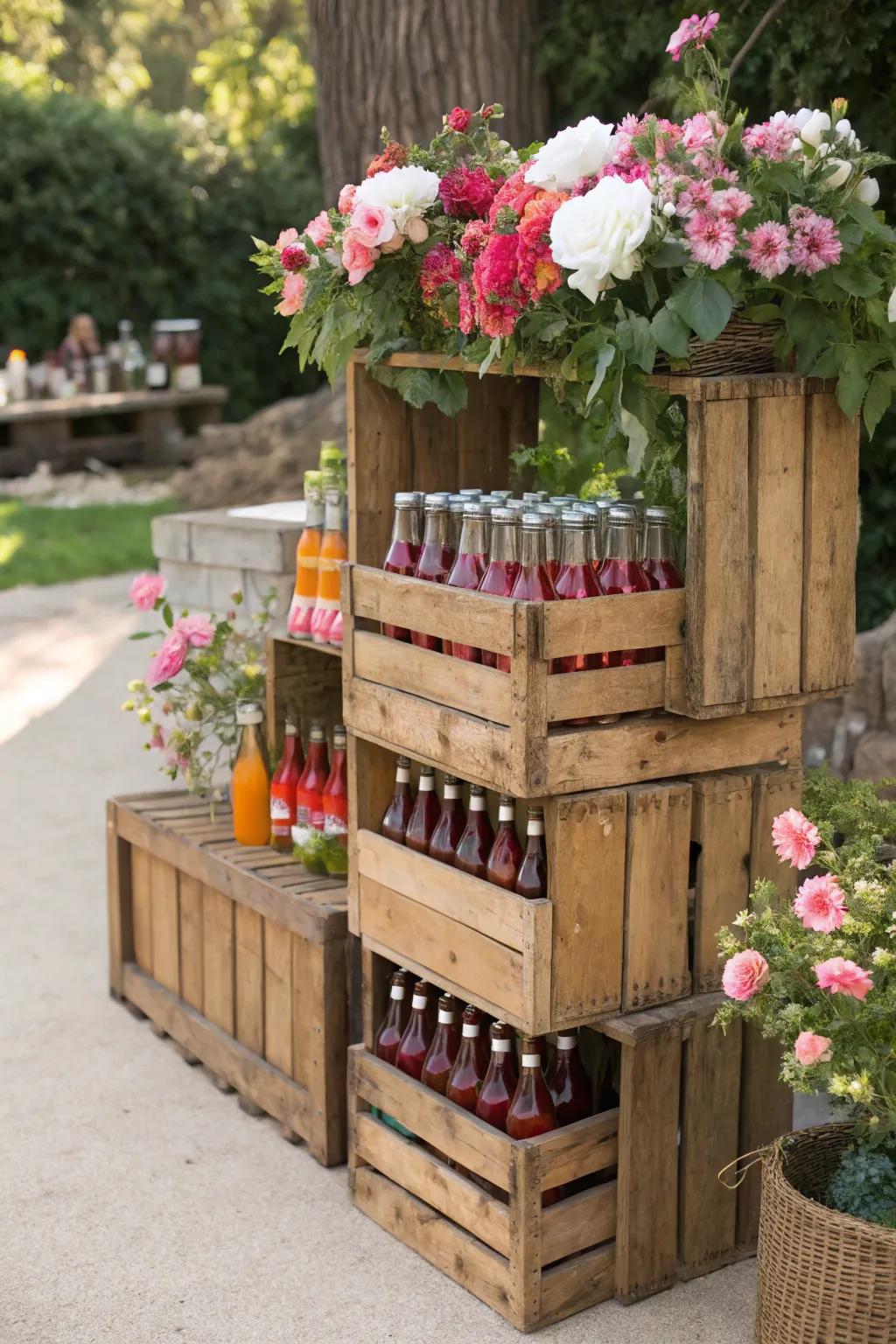 Rustic wooden crates make for a versatile and charming drink station.