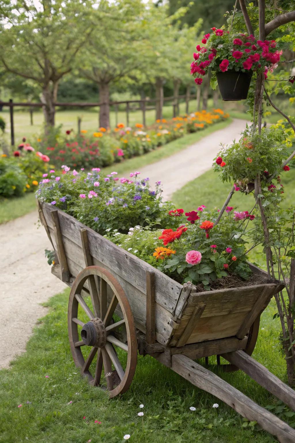 A vintage wagon filled with vibrant flowers adds charm to the garden.