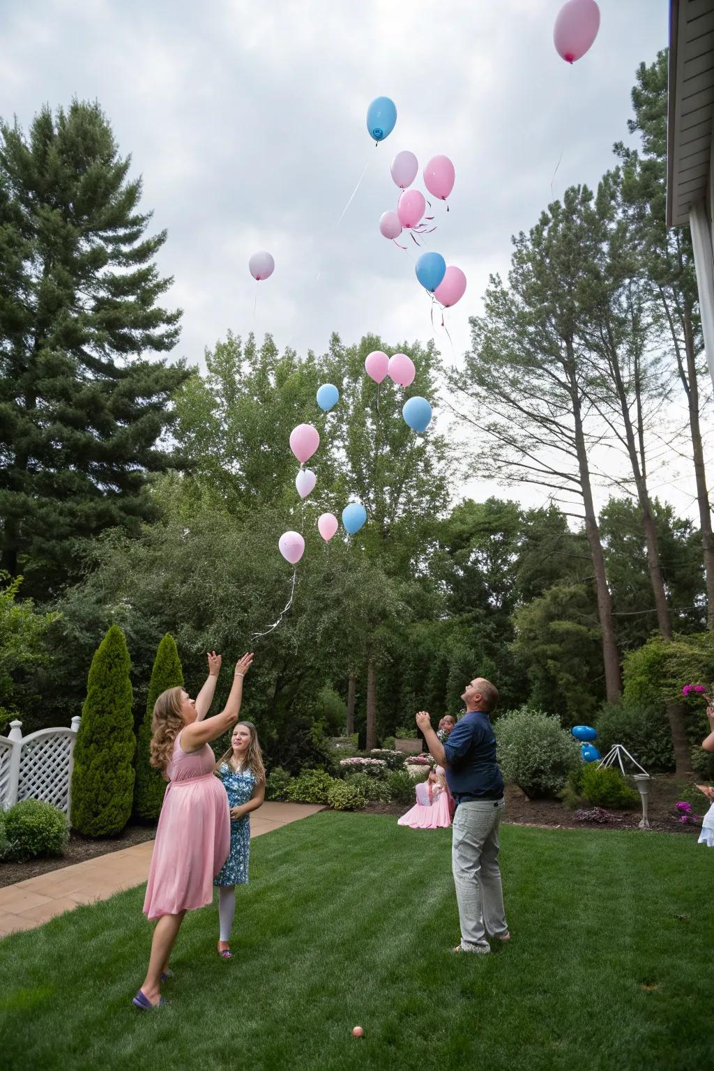 A joyous moment as balloons float up, revealing the baby's gender.