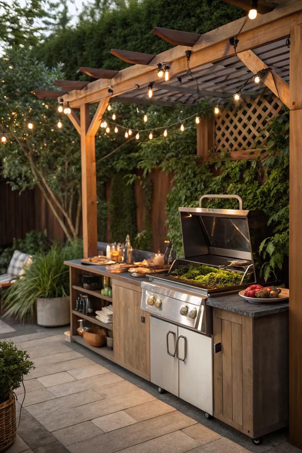 A pergola-covered grill station offers shade and style.