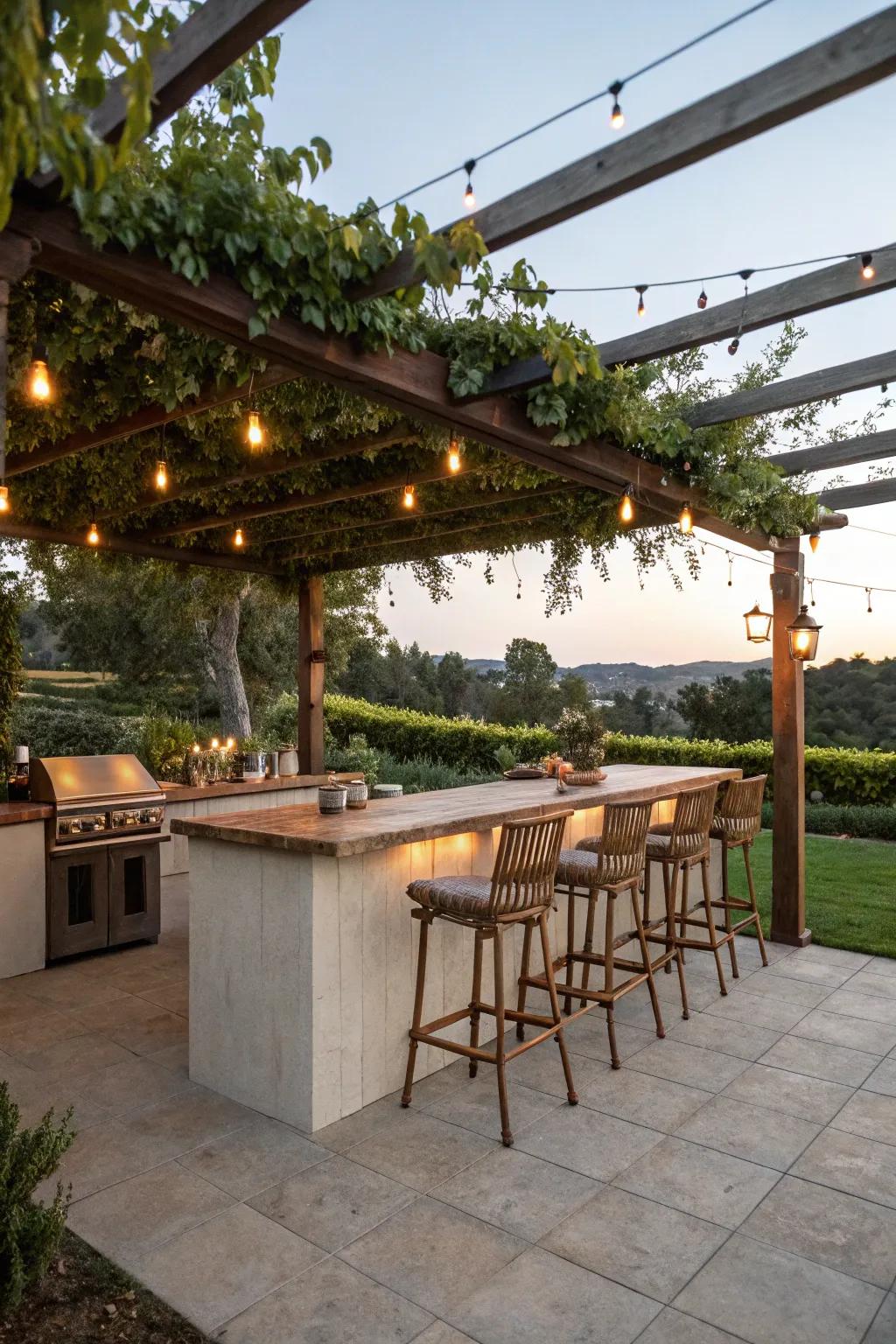 A pergola provides both shade and beauty, making your outdoor kitchen bar a go-to spot.