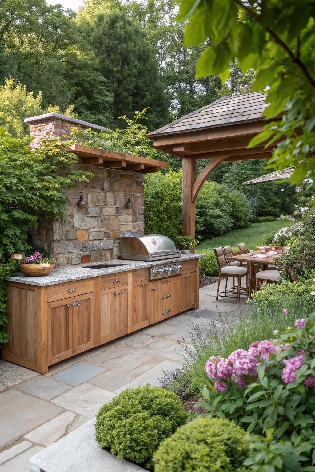 Natural materials create a charming rustic kitchen vibe.