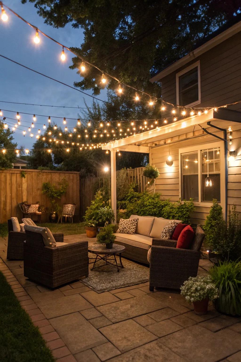 String lights create a whimsical canopy over your outdoor seating area.