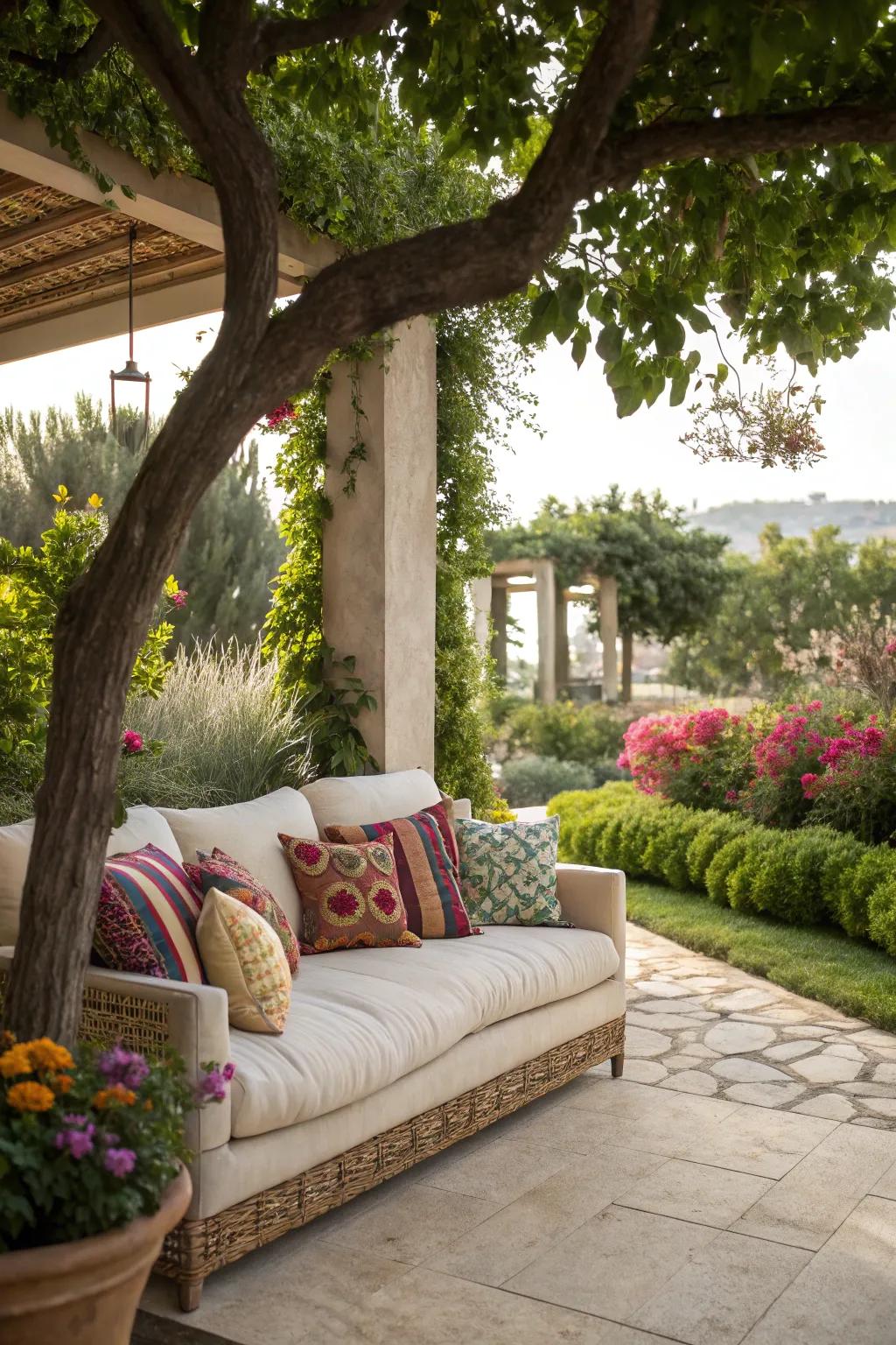 A plush sofa with vibrant cushions creates a welcoming outdoor living space.