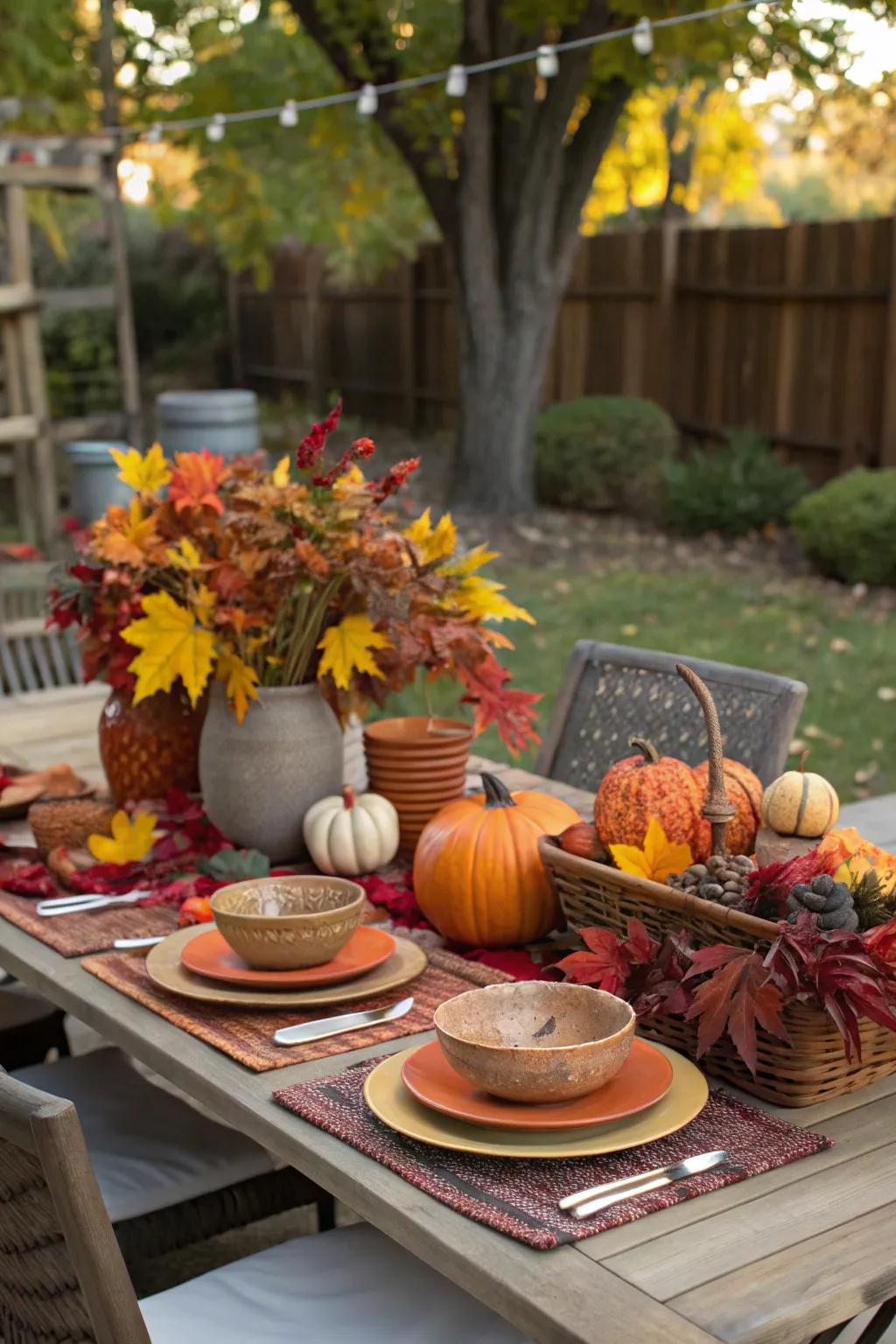 A charming outdoor table setting with autumnal accents.