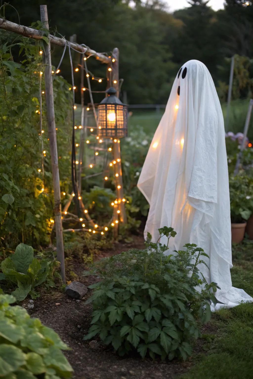 Create a hauntingly beautiful ghost with a tomato cage and some fabric.