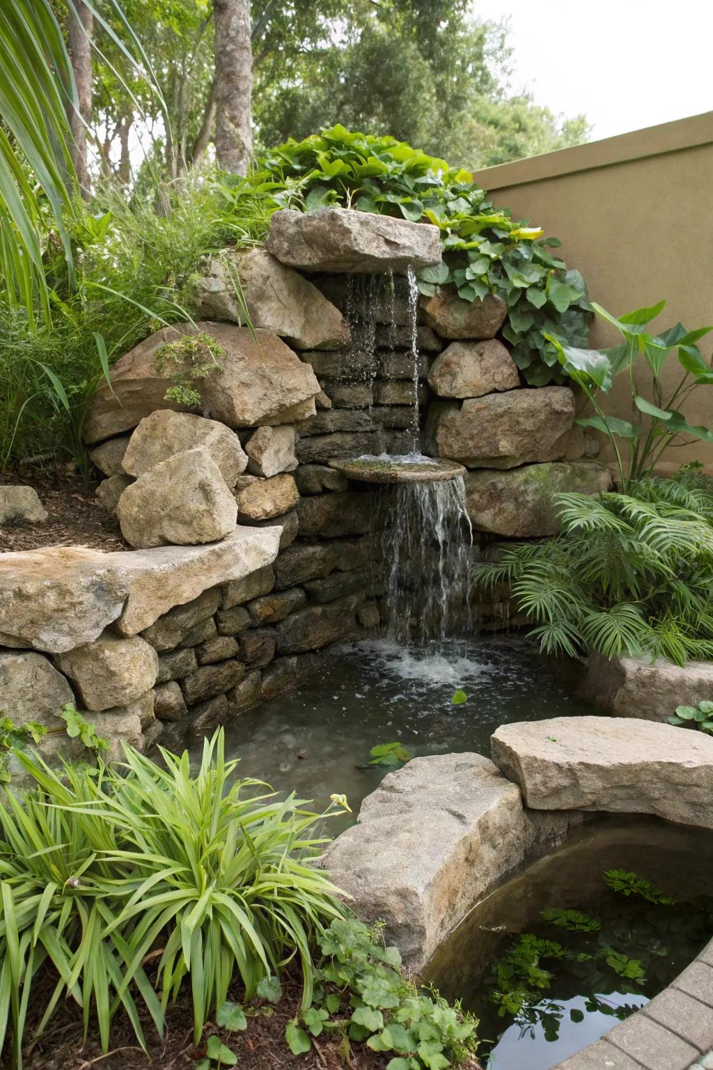 A stone-integrated wall fountain creates a seamless natural look.