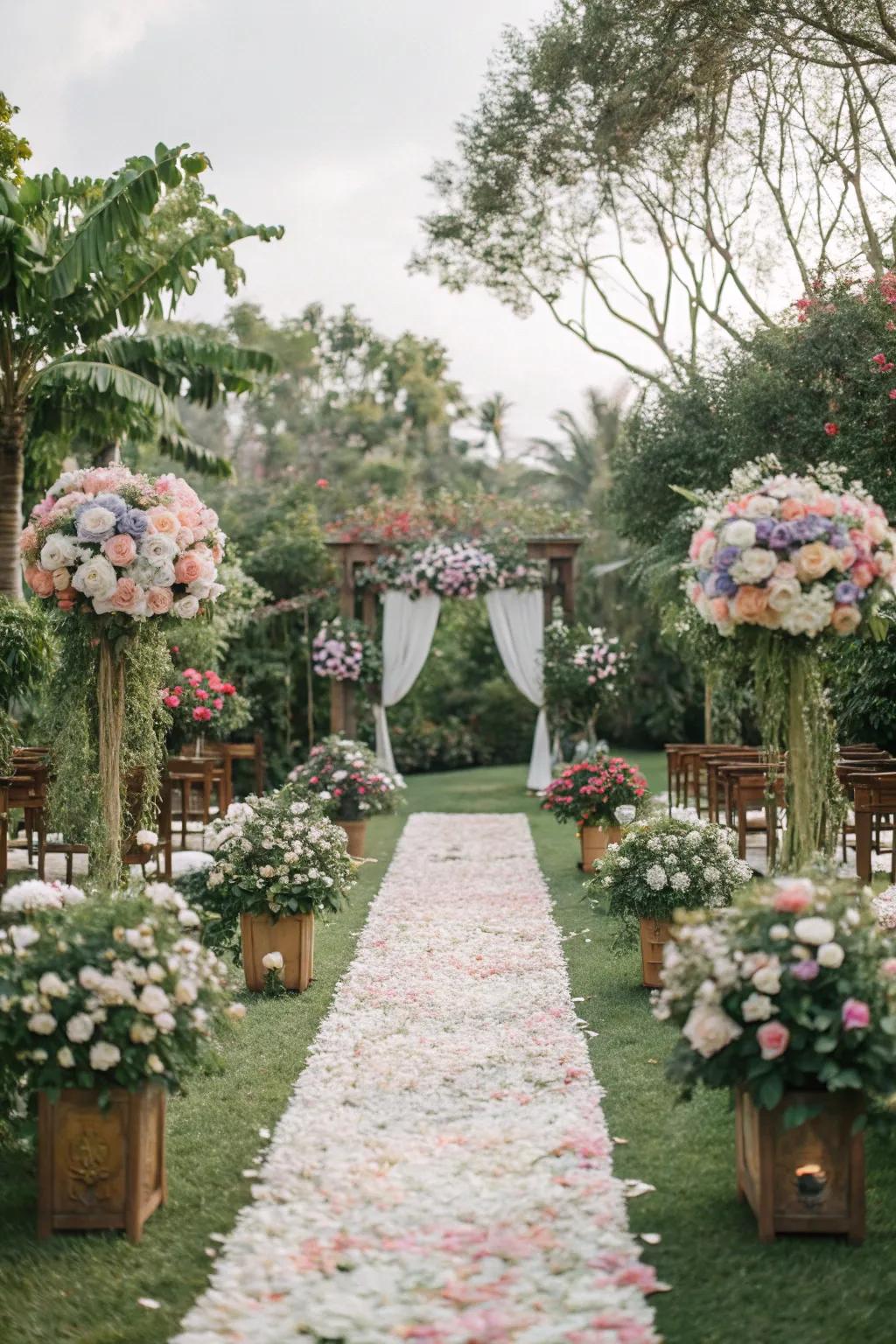 A wedding aisle transformed into a floral paradise.