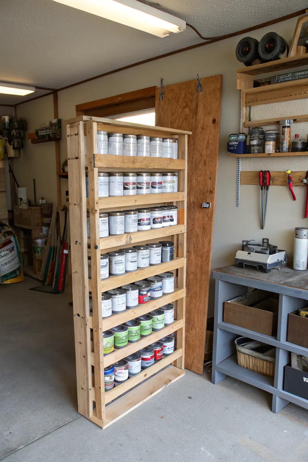 Custom wall-mounted rack for paint cans in a well-organized garage.