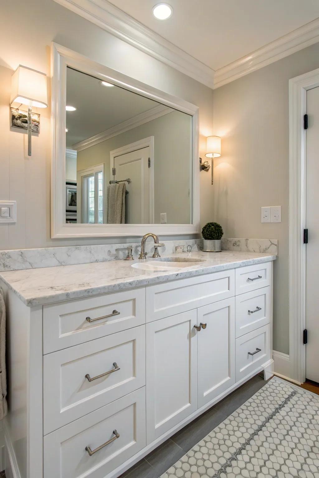 A bright white vanity offers a clean and modern touch.