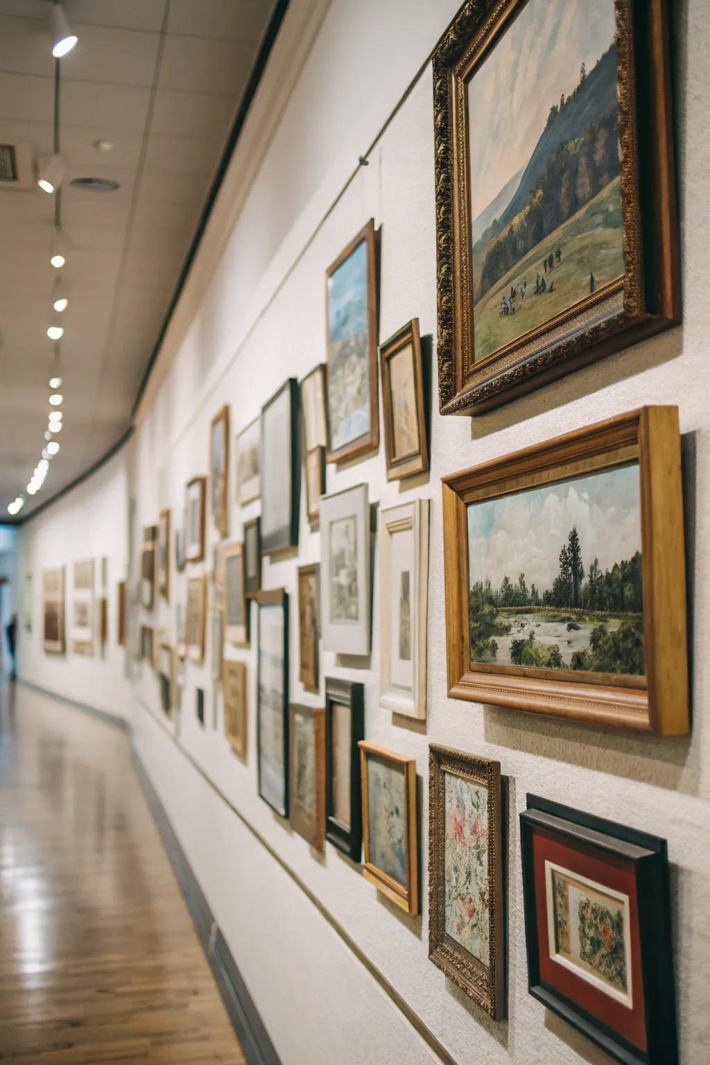 An eclectic gallery wall showcasing various frame styles and sizes.