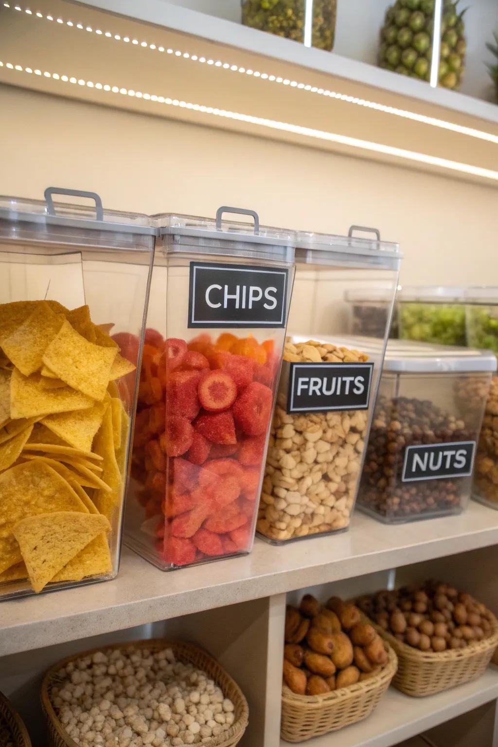 Clear containers make it easy to see and select your favorite snacks.