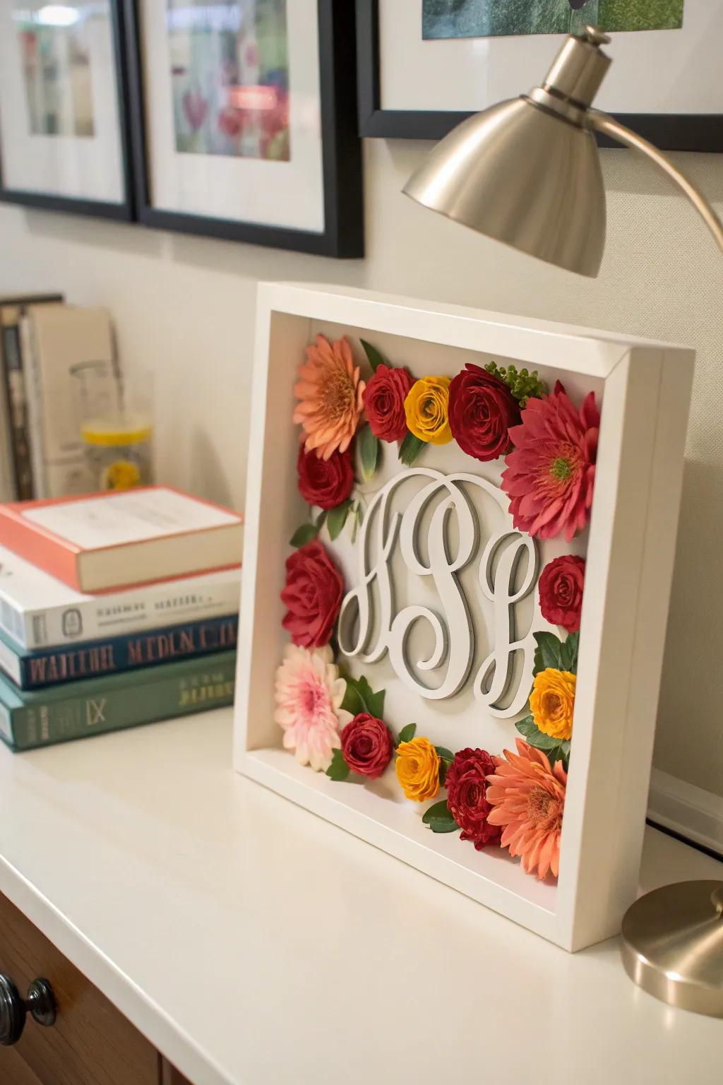 Monogrammed shadow box adds a personalized touch to any room.