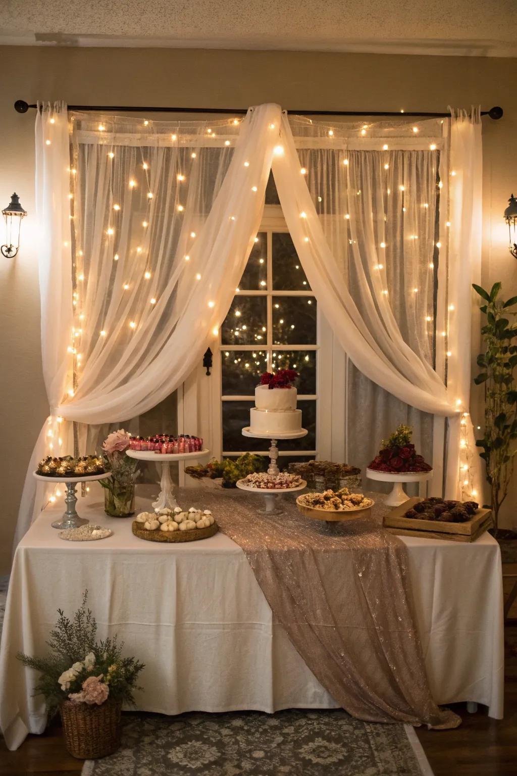 A thematic backdrop of fabric and lights enhancing the dessert table ambiance.