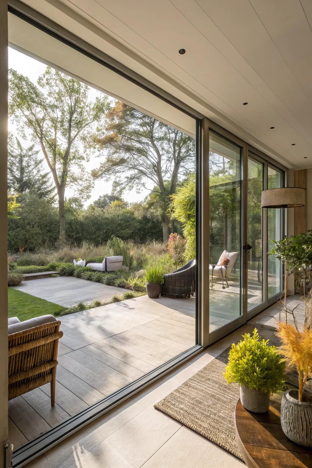 Sliding glass doors allow for an uninterrupted view of your garden paradise.