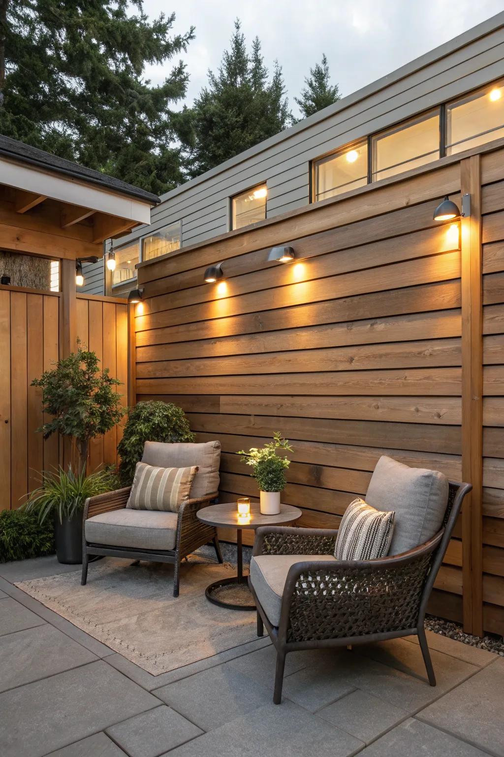 A sleek patio featuring horizontal cedar wood panels.