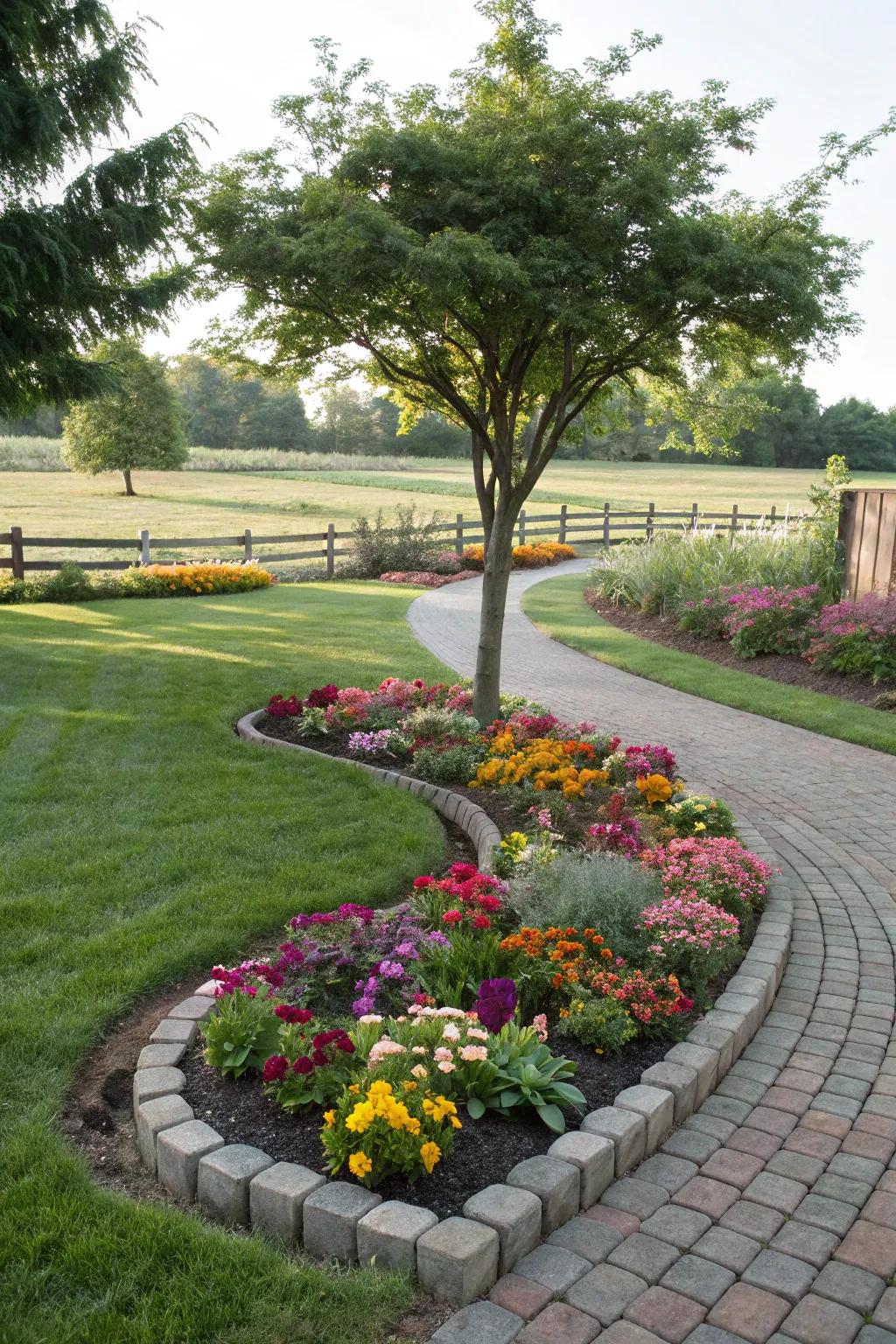 Curved paver flower beds add a touch of elegance to any garden.