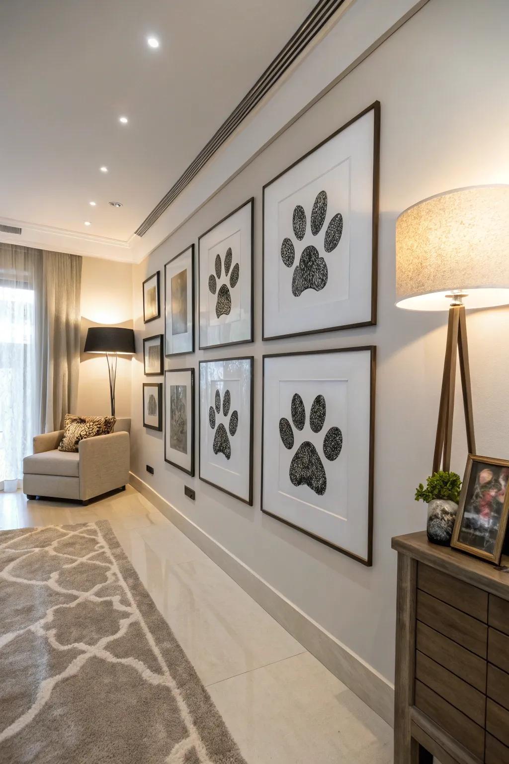 Framed paw print art that adds charm to a stylish room.