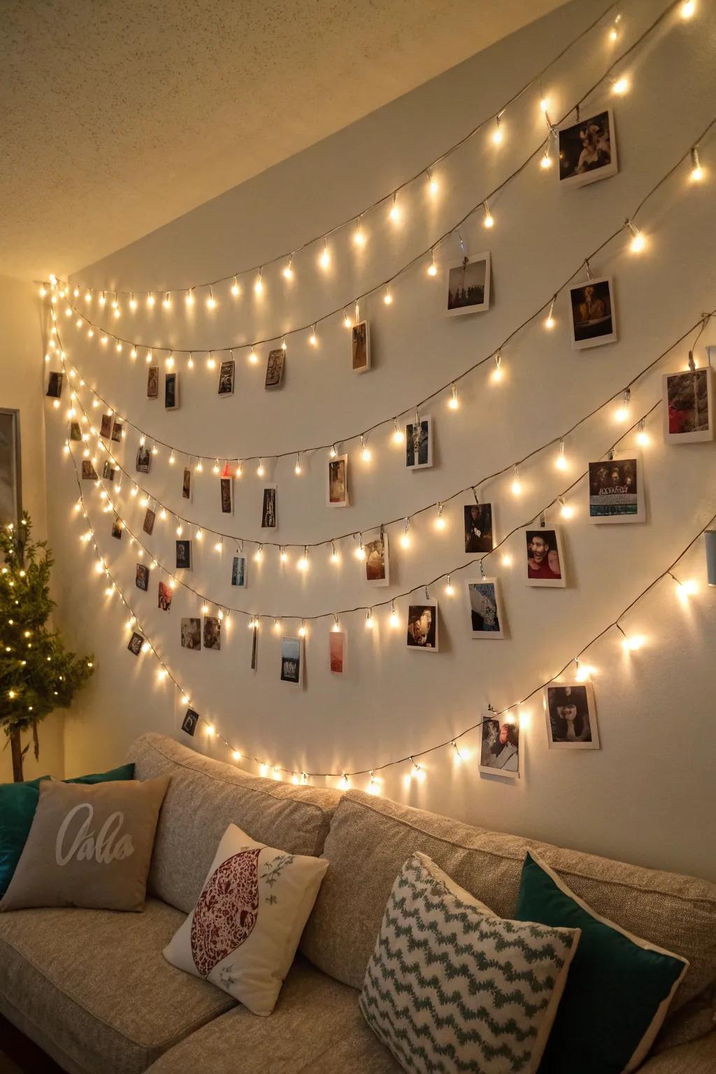 Cascade your photos with string lights for an enchanting display.