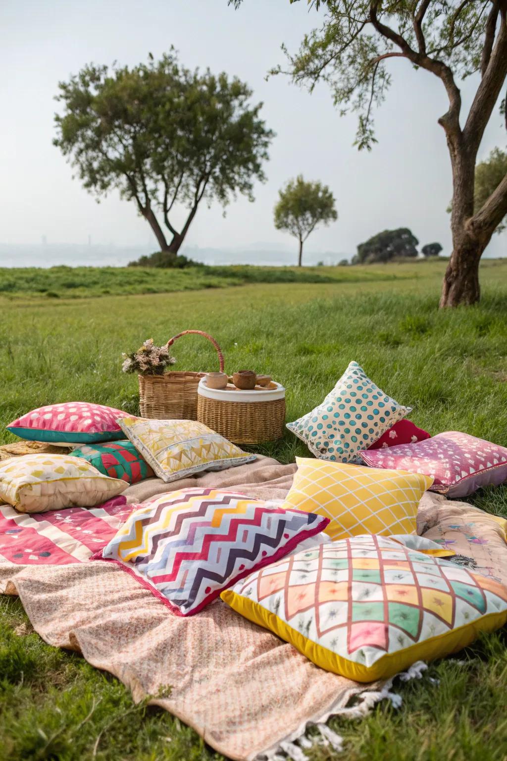 Comfortable and colorful cushions make for a cozy picnic setting.