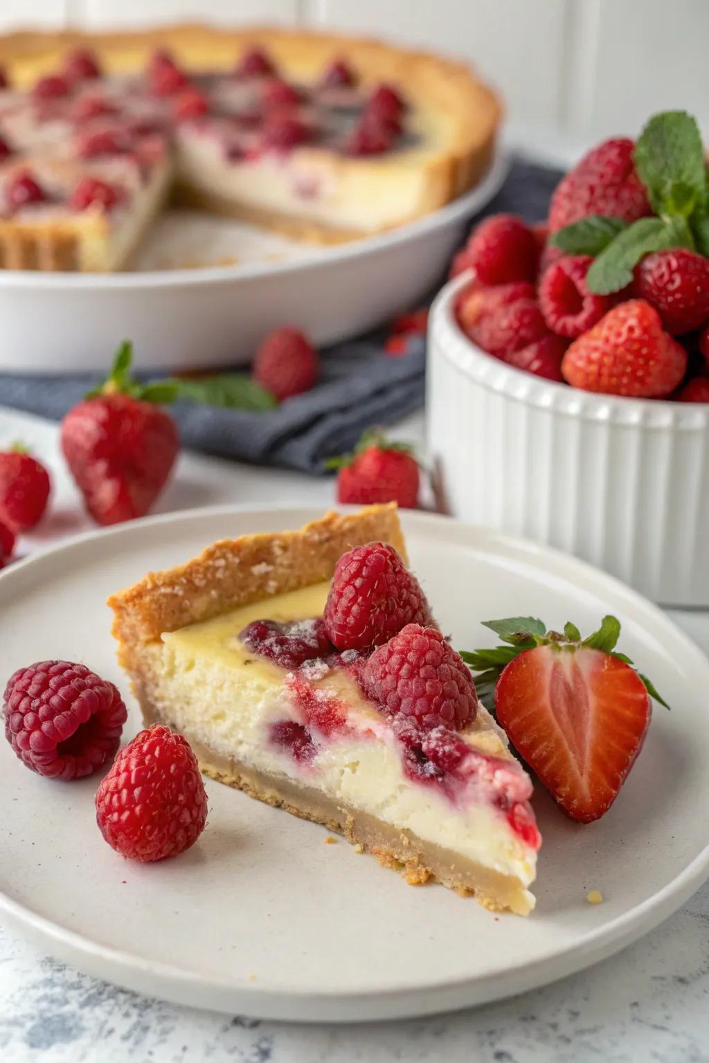 A pie slice garnished with fresh raspberries and strawberries for a pop of color.