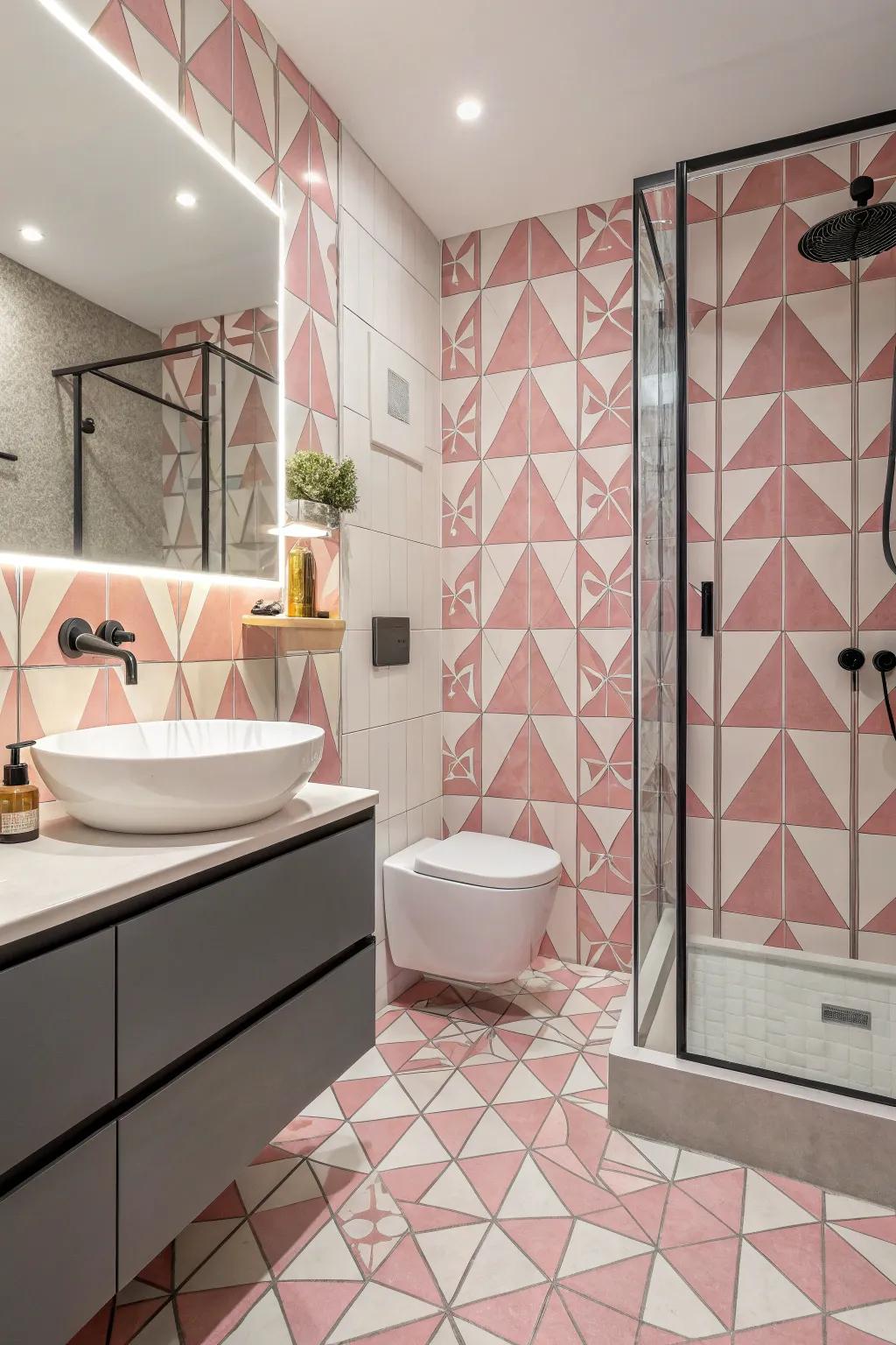 Geometric pink tiles add a playful touch to this bathroom.