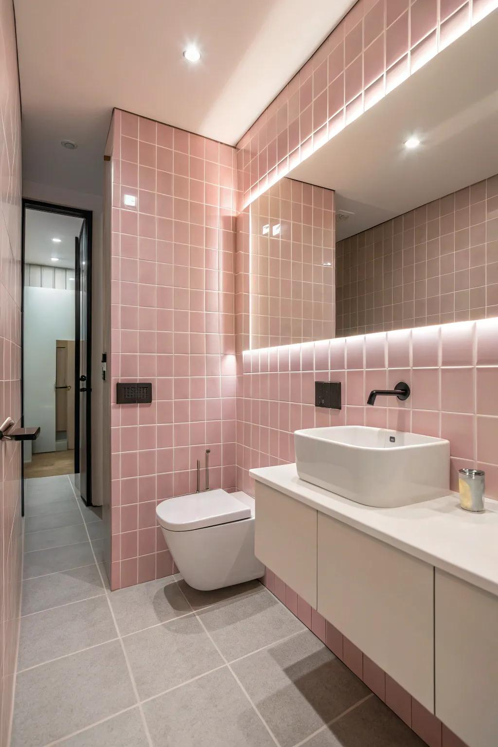 A minimalist bathroom design with pink tiles as the centerpiece.