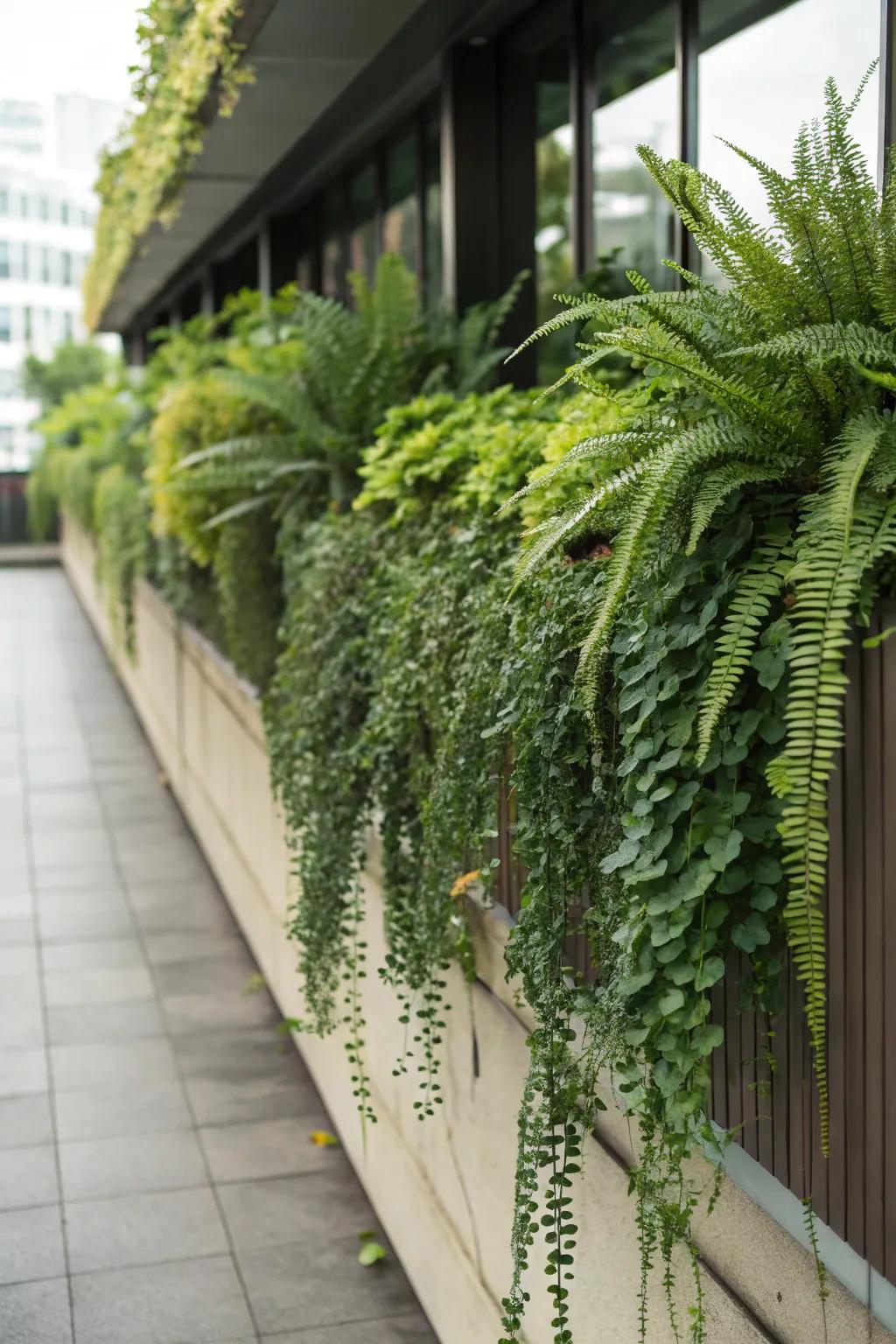 A mix of tall and trailing plants creates an eye-catching display on this ledge.
