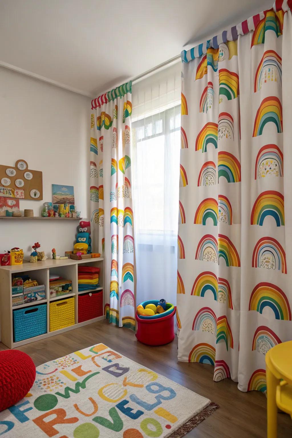 Rainbow patterned curtains bring a splash of color to the playroom.