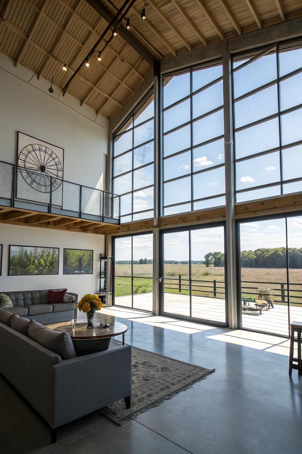 A bright and open loft space that effortlessly blends into the pole barn's architecture.