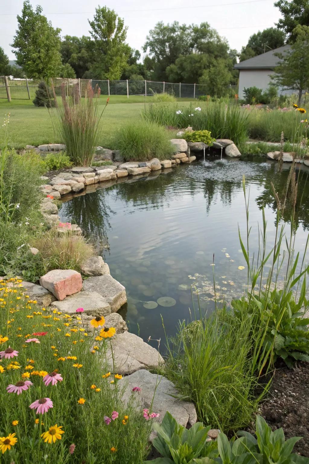 A pond with natural rock edges, blending seamlessly into the garden landscape.