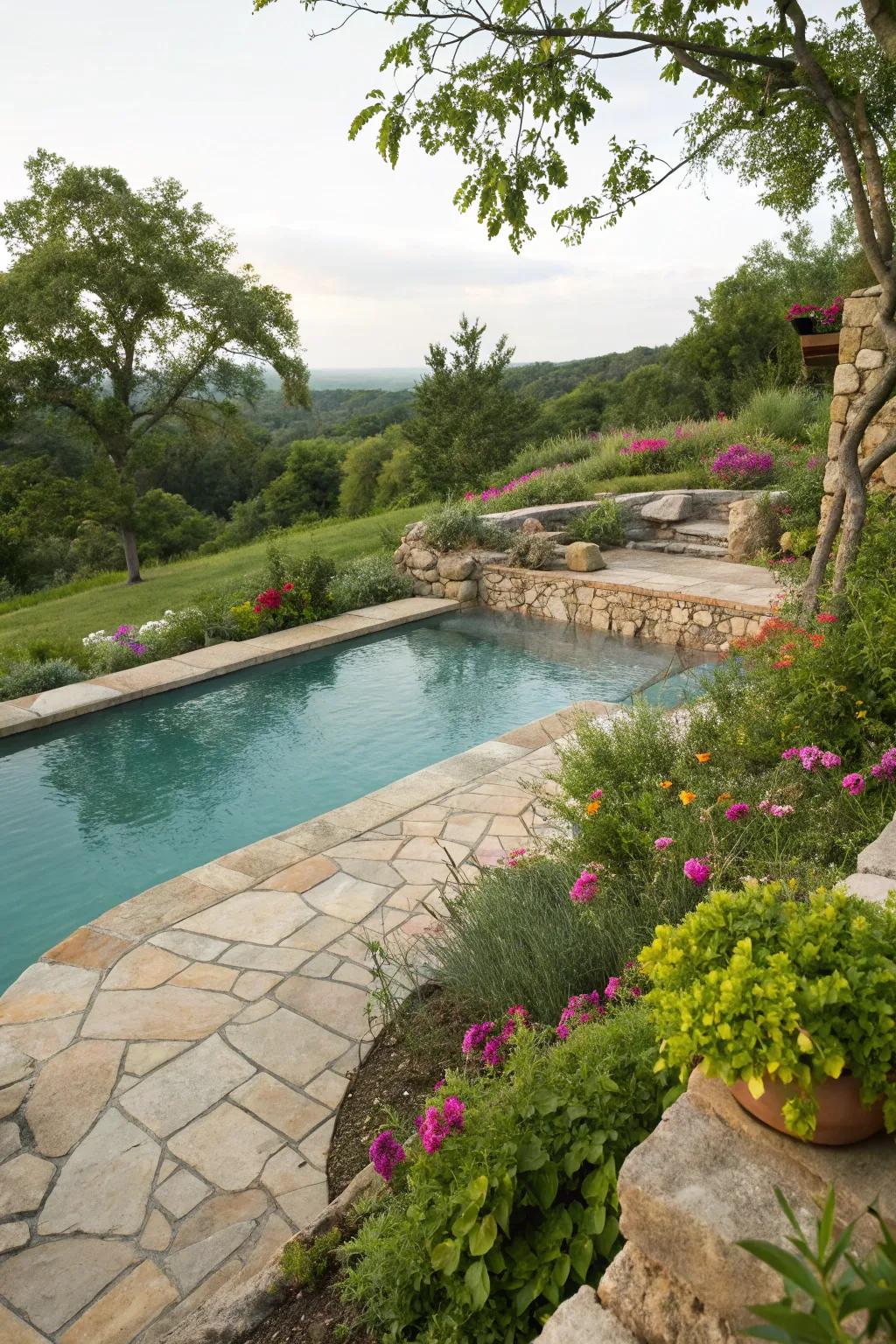 Natural stone brings a classic and elegant look to pool areas.