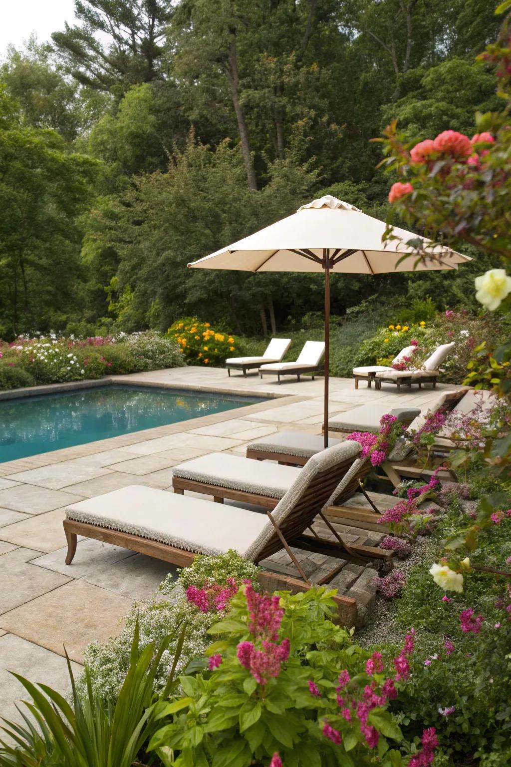 A cozy lounging area with chaise lounges and an umbrella for shade.