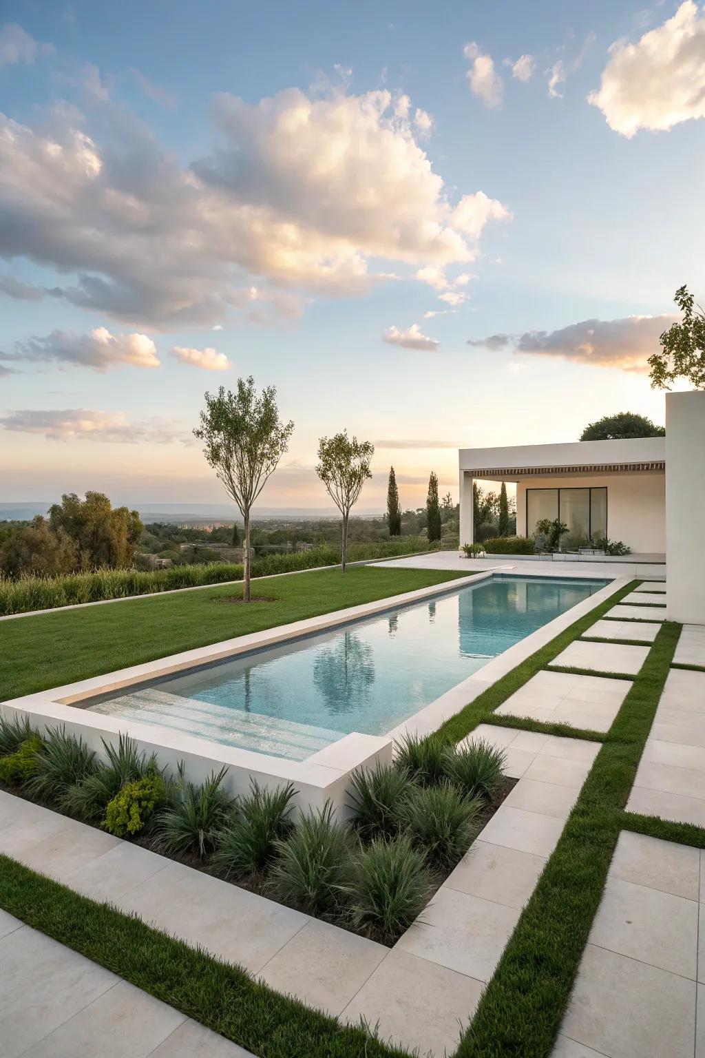 A sleek geometric pool blends seamlessly with its modern surroundings.