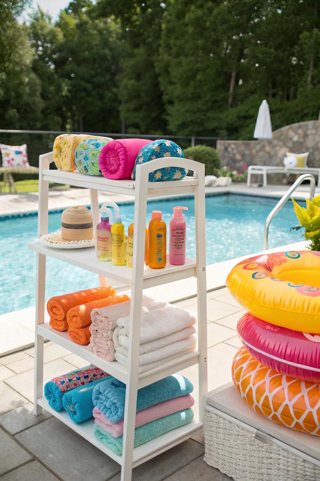 Custom shelving units provide a stylish solution for poolside organization.