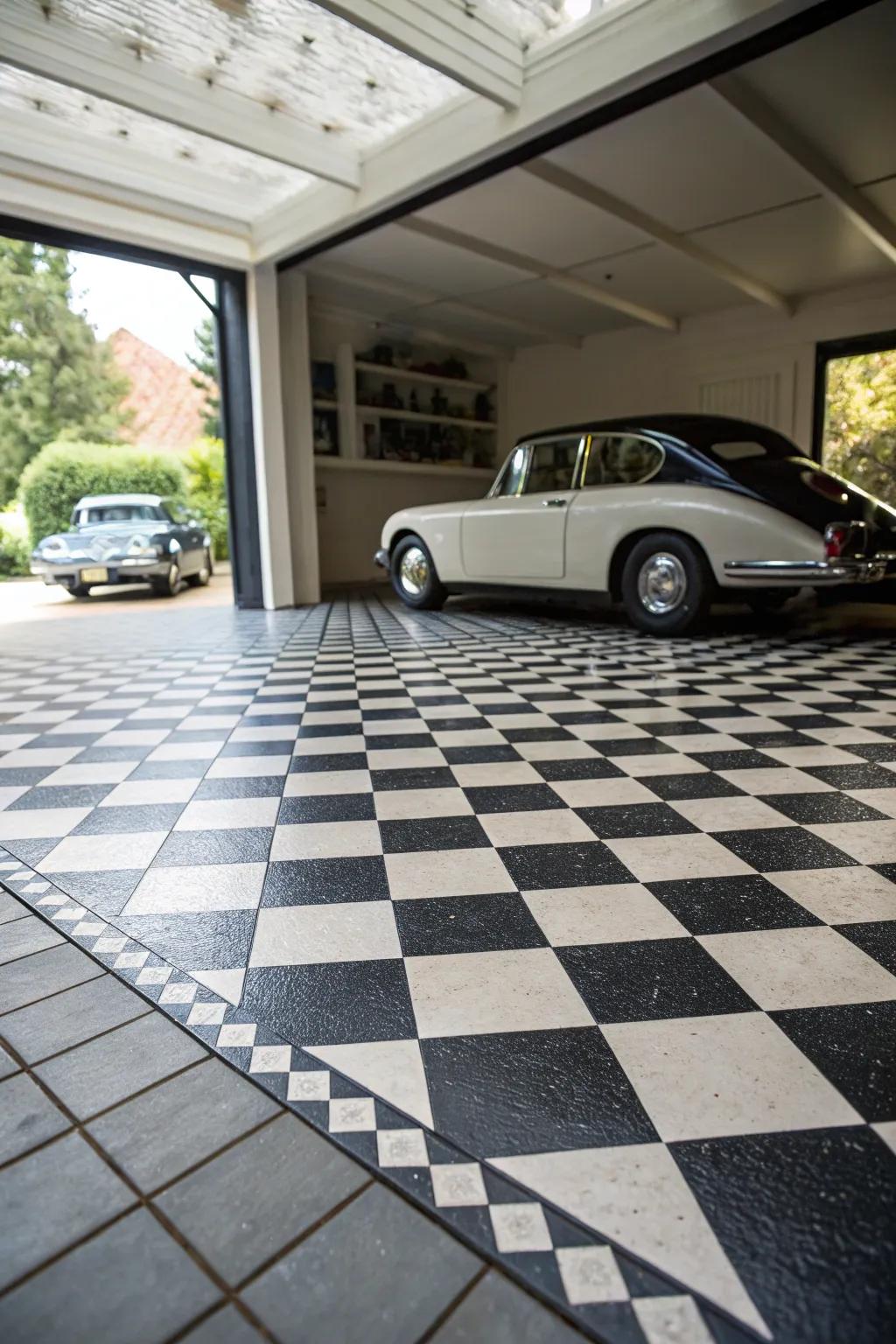 Embrace timeless style with a classic checkered tile floor in your garage.