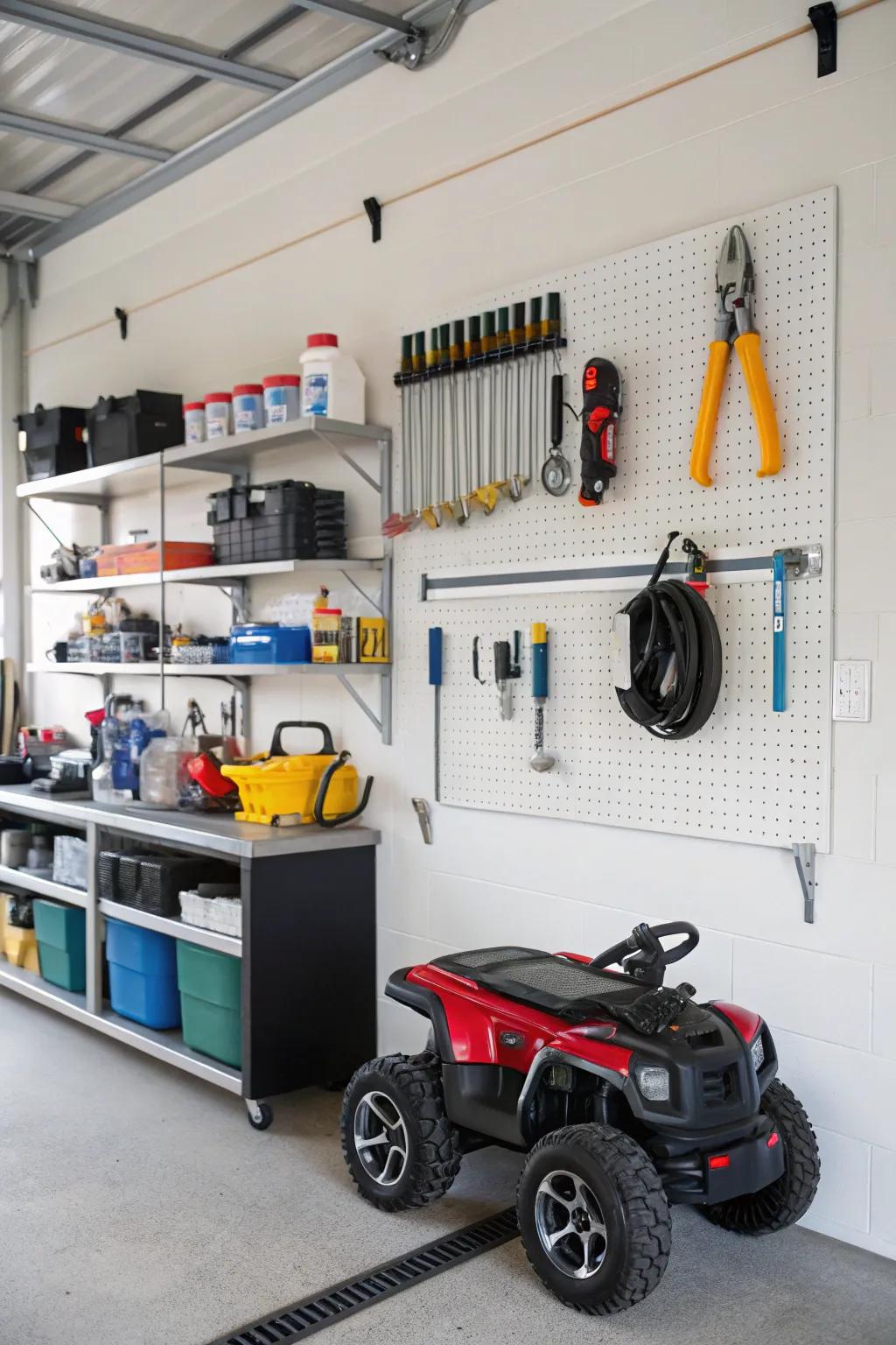 Power wheels hung on garage wall hooks for efficient storage.