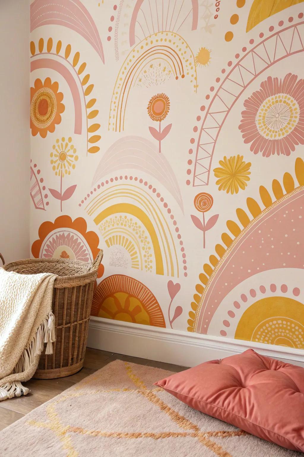 A vibrant mix of pastel colors creates a lively and cheerful atmosphere.
