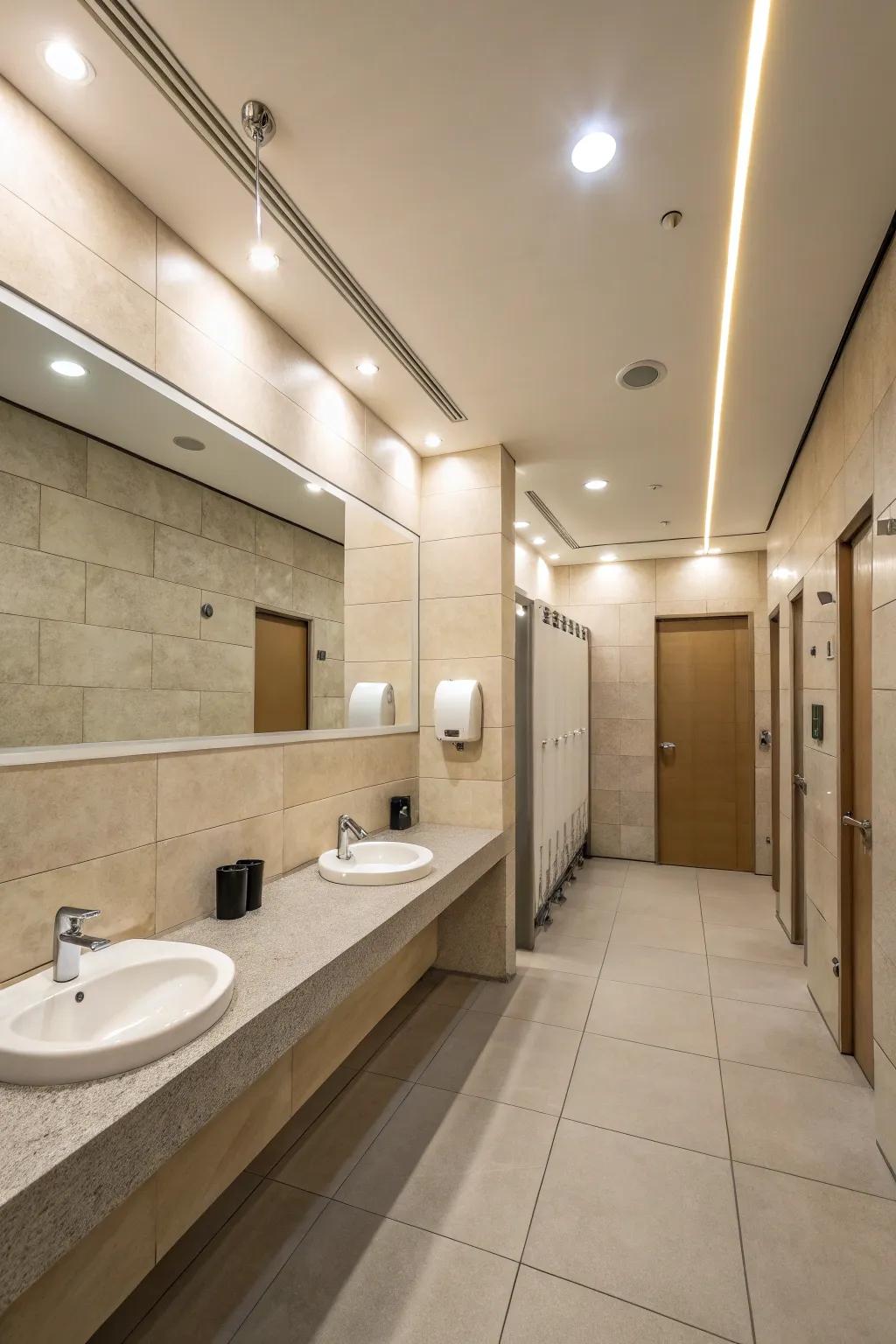 A minimalistic public bathroom that exudes calm with its clean lines and neutral palette.