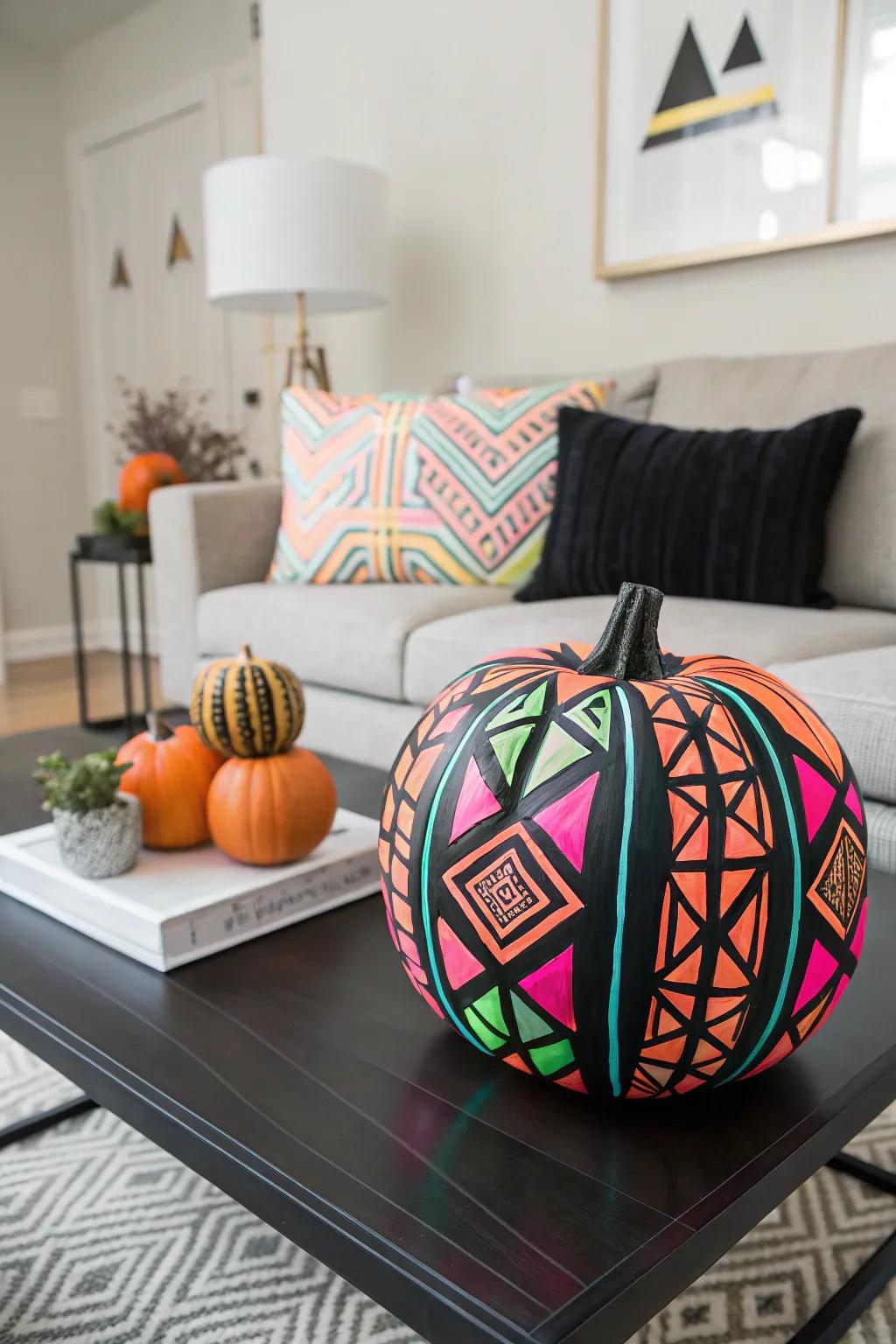 Add a modern twist to your decor with bold geometric pumpkin designs.