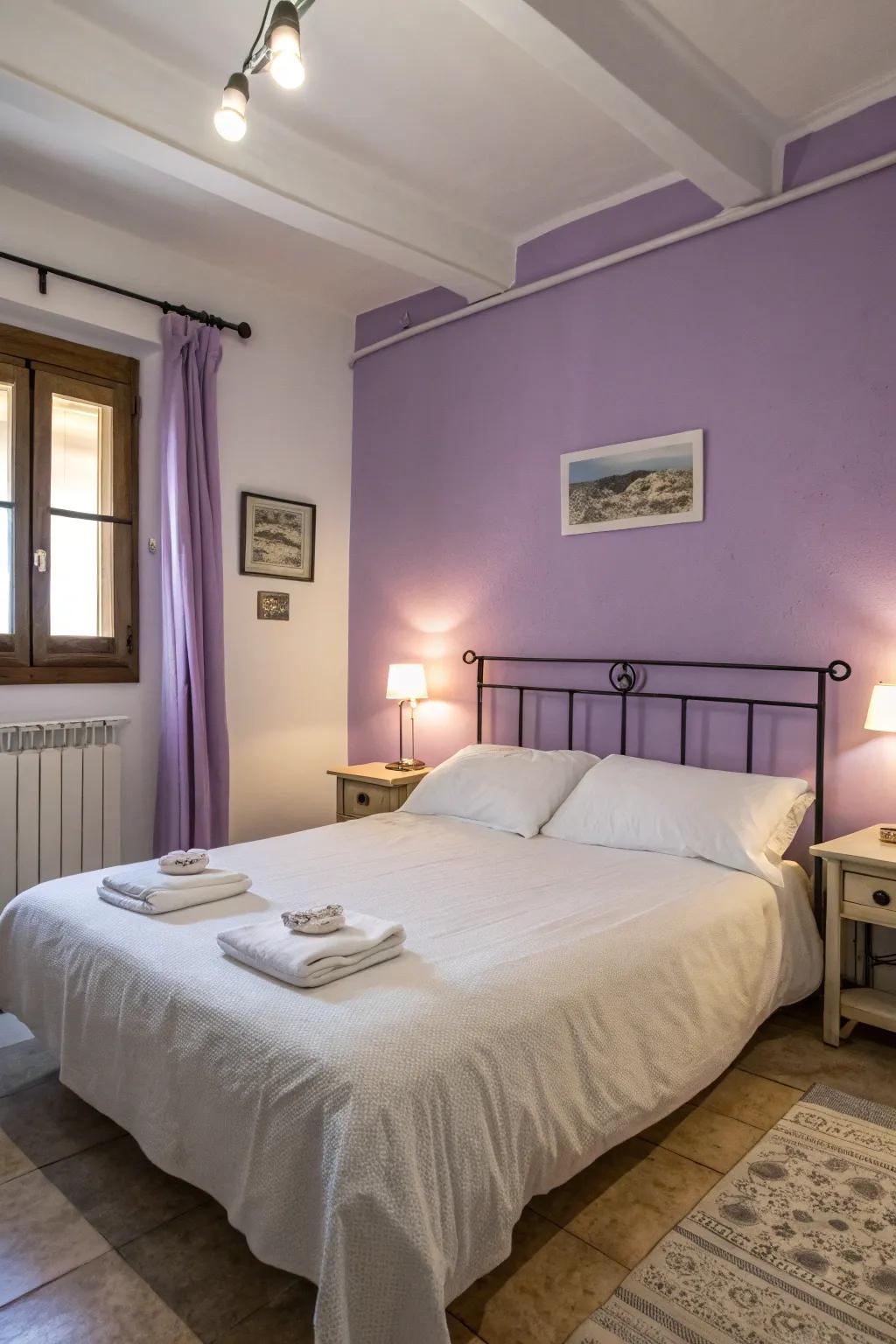 A serene bedroom with lavender walls and crisp white bedding.