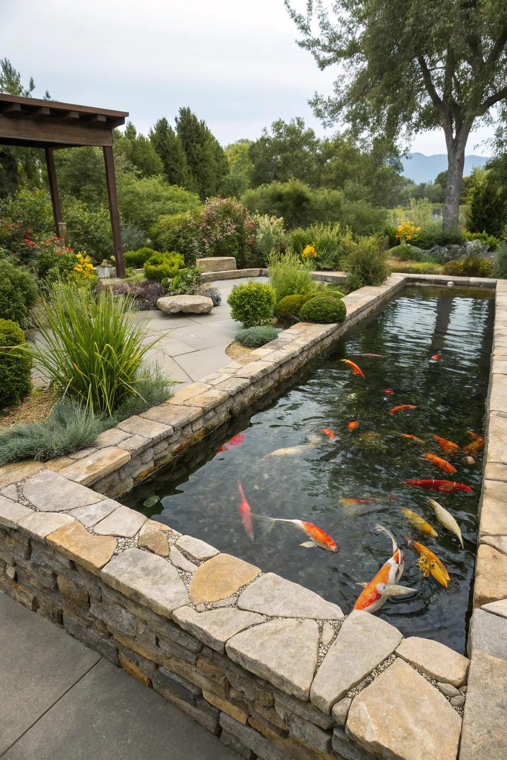 A raised koi pond with rustic natural stone borders.