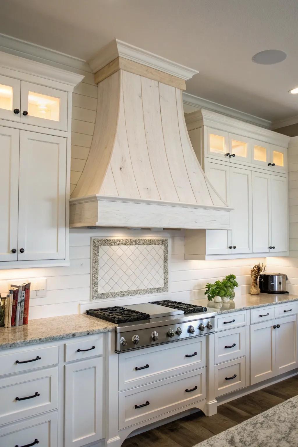 A minimalistic white wooden range hood cover for a timeless kitchen look.