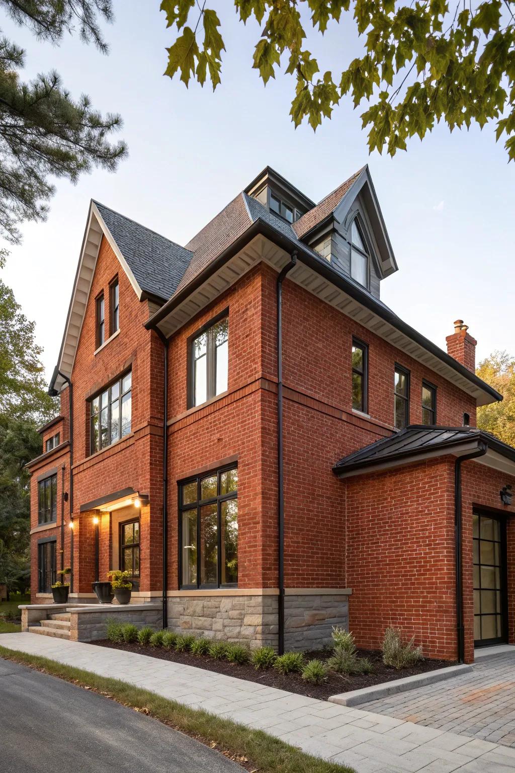 A harmonious blend of modern and traditional styles on a red brick house.