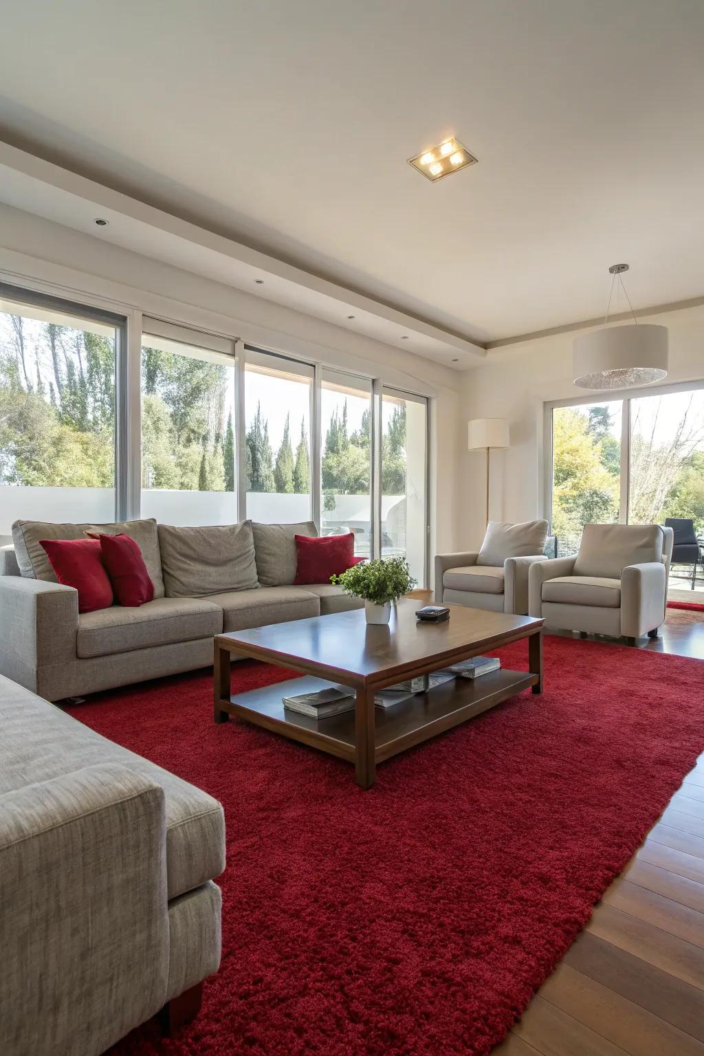 A modern living room with a plush red carpet defining the seating area.