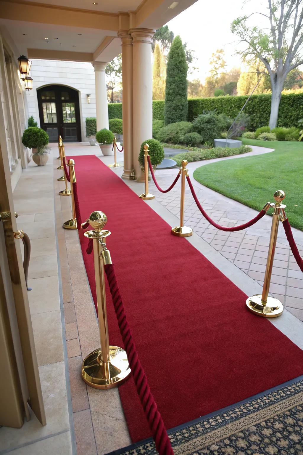 A plush red carpet leading to the party entrance sets the stage for a grand event.